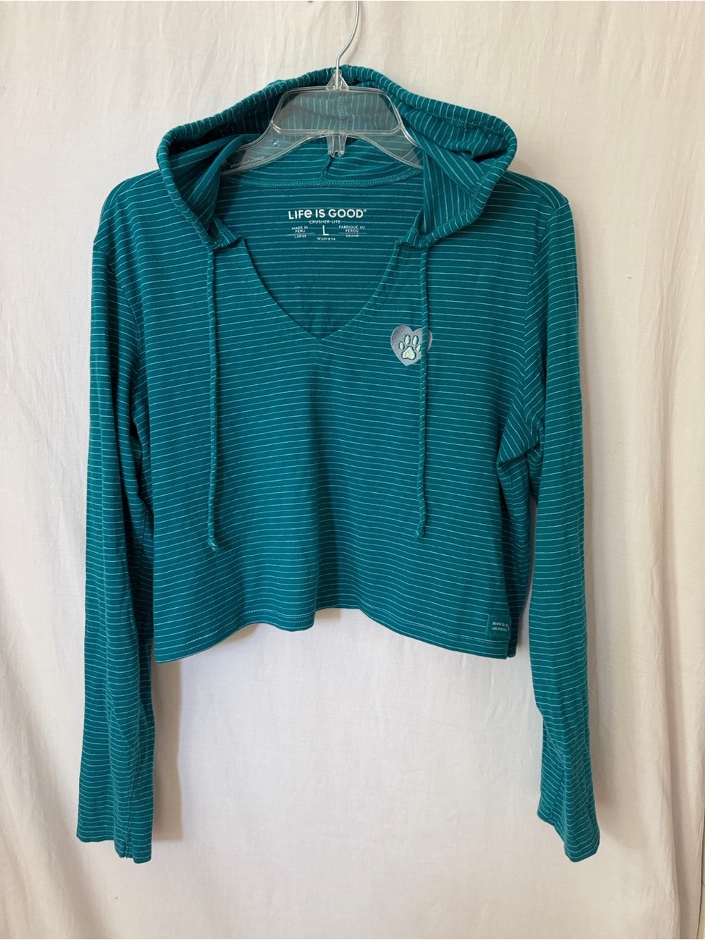 Life is Good Dog Paw Cropped Hoodie Striped Teal Large